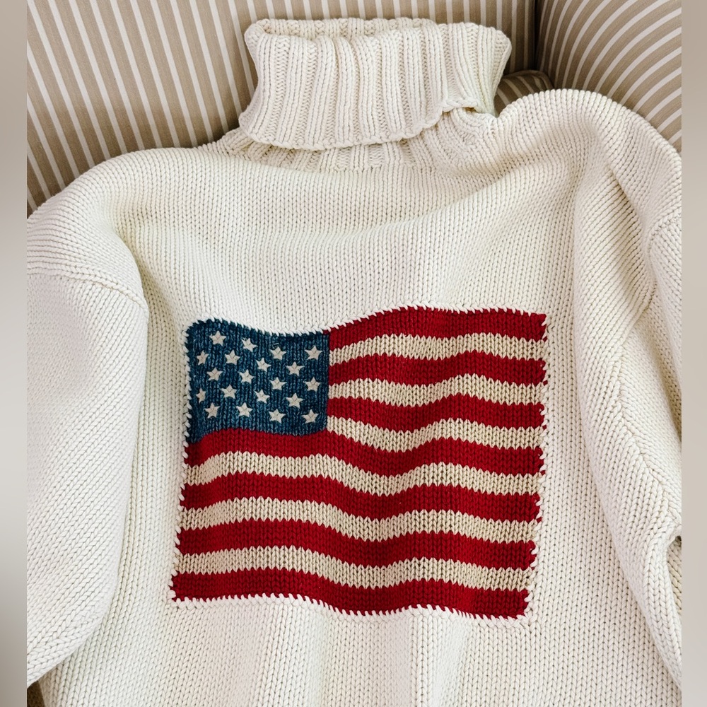 RARE 90s Vintage Ralph Lauren Cream Flag Turtleneck Sweater size M - Blue Tag